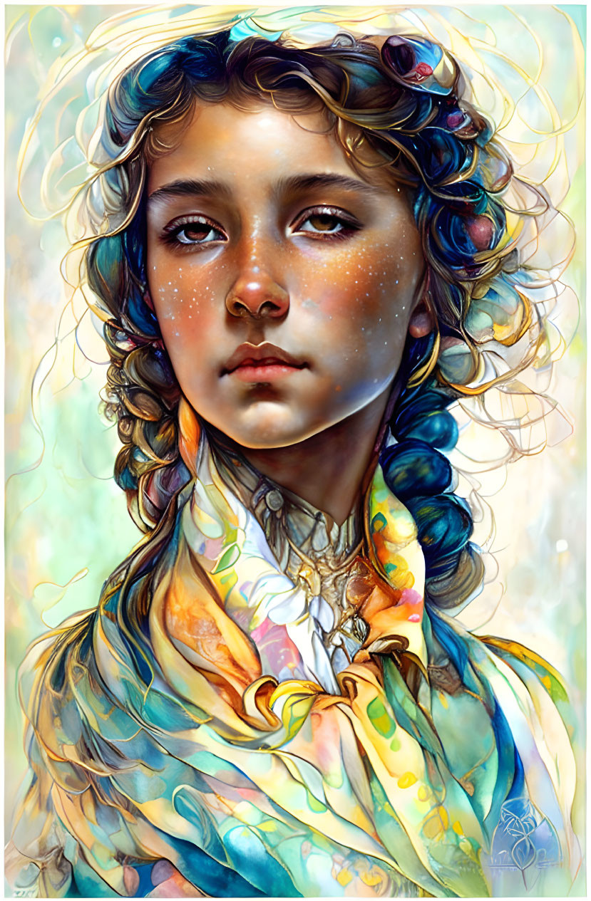 Detailed illustration of young girl with blue highlighted wavy hair, intricate braids, and freckles