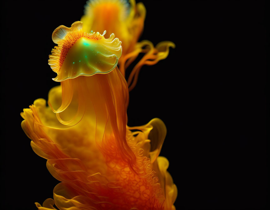 Colorful jellyfish with translucent tentacles on black background