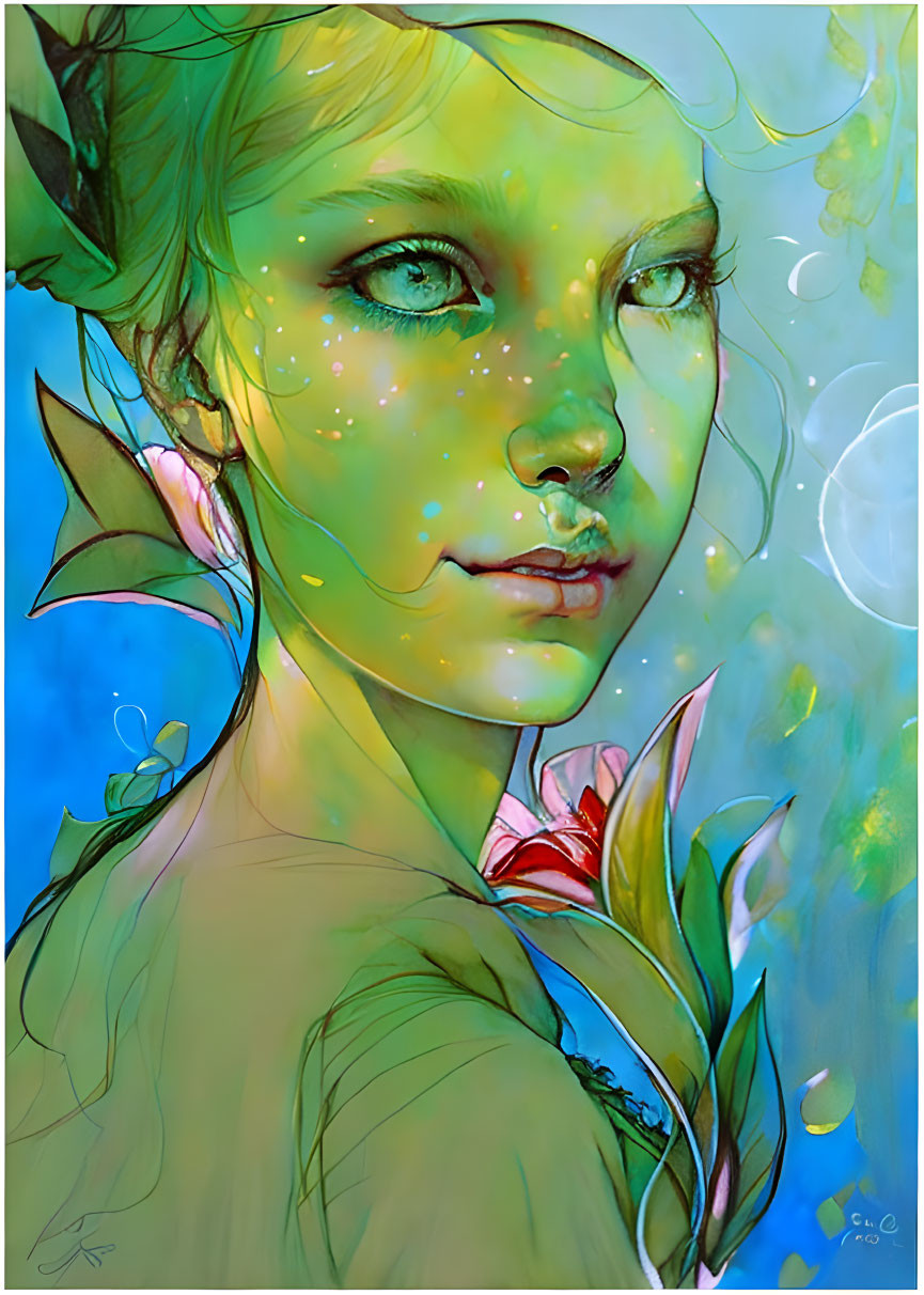 Green-skinned female figure with pointed ears and luminescent freckles on vibrant blue backdrop