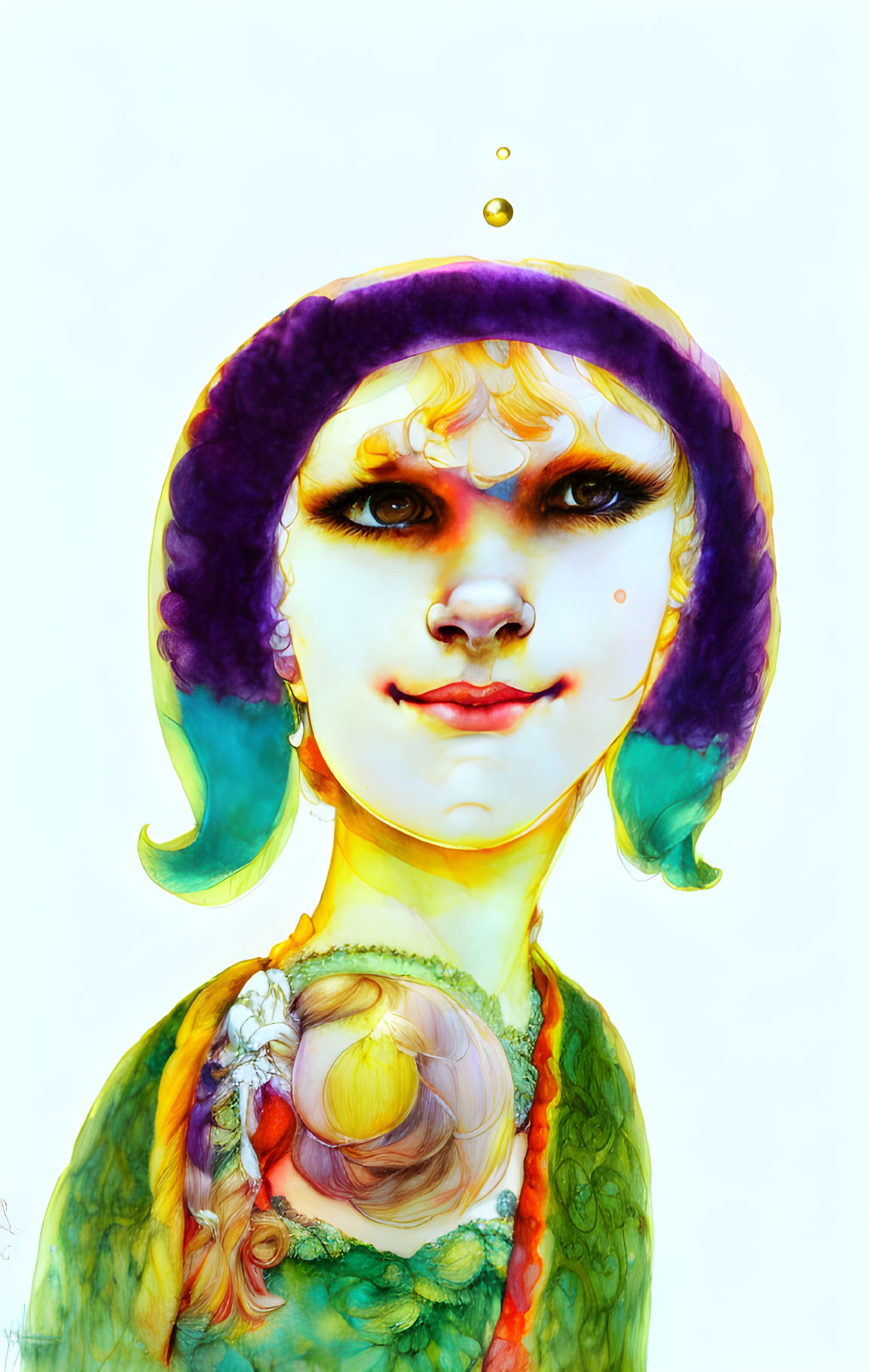 Vibrant illustration of young person with bob haircut in purple hat and green garment.