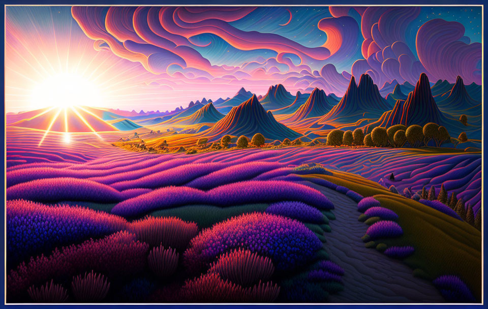 Colorful stylized landscape with purple fields, whimsical trees, and surreal mountains at sunset