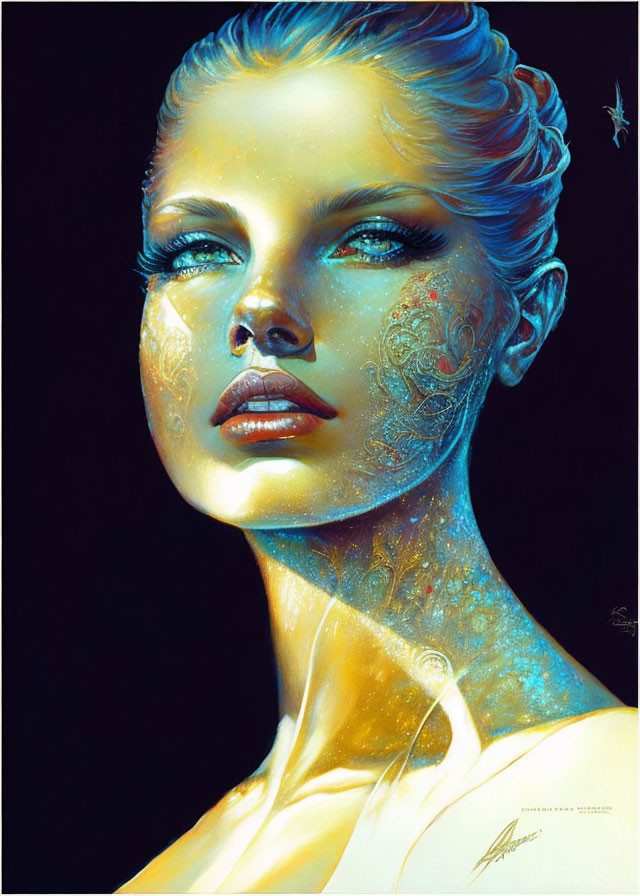 Surreal digital artwork of woman with blueish skin and gold detailing