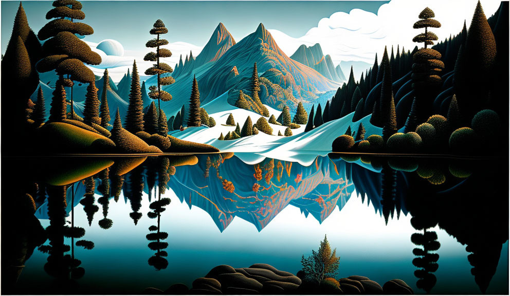 Surreal landscape with stylized trees and mountains reflecting in water