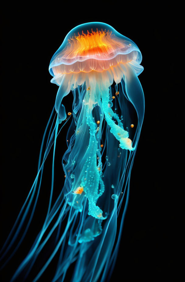 Bioluminescent jellyfish with blue tentacles and orange center