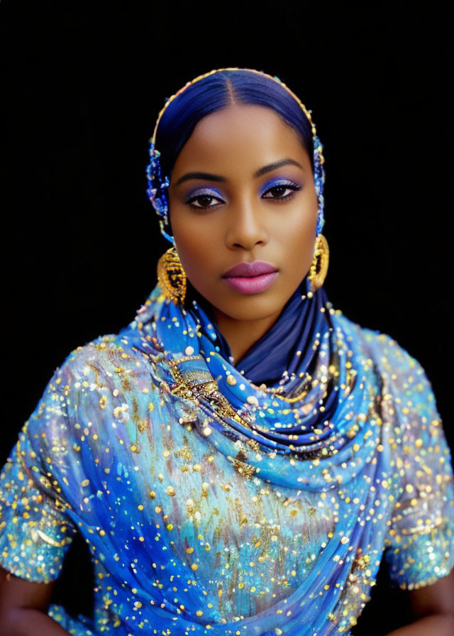 Woman in Blue and Gold Attire with Headscarf and Elaborate Earrings on Black Background