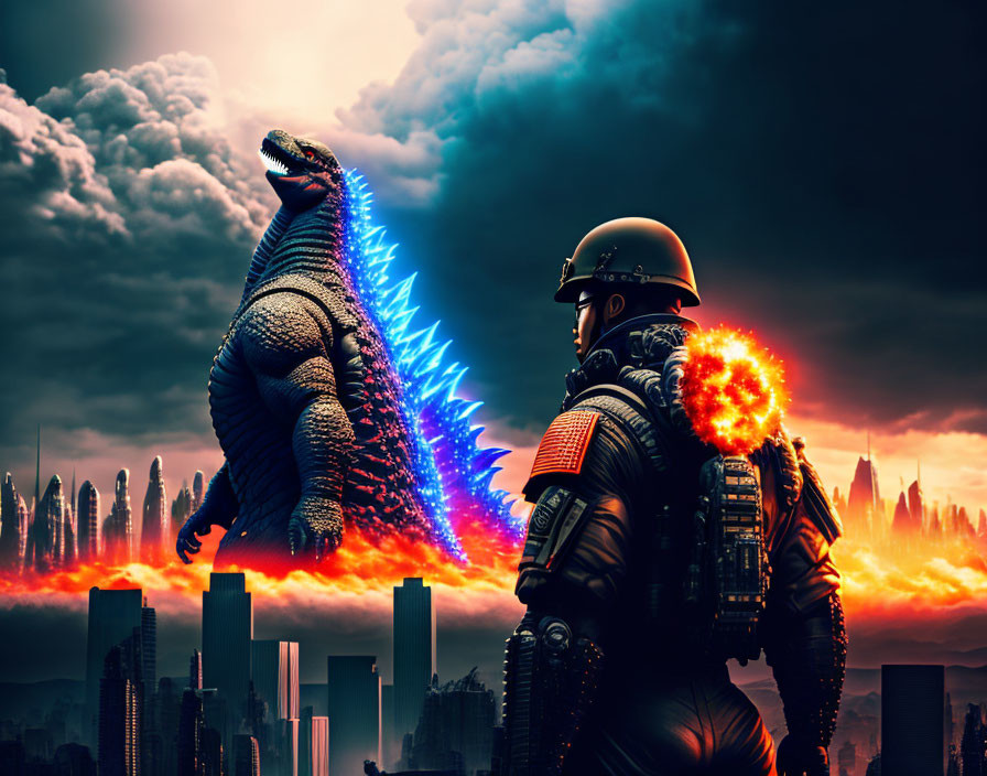 Soldier confronts giant Godzilla in fiery cityscape