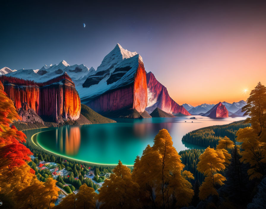 Scenic sunset landscape: snow-capped mountains, serene lake, autumn trees, small village.