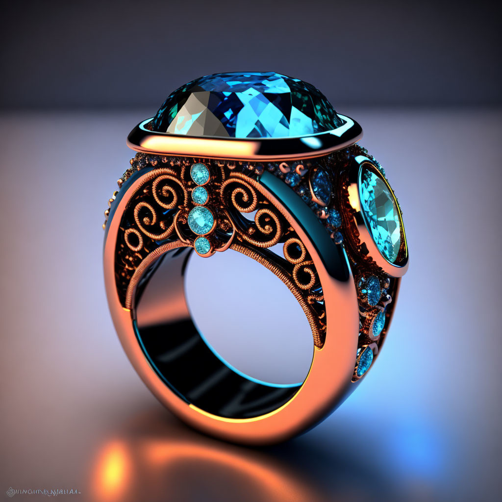 Luxurious Ornate Ring with Blue Gemstone and Gold Detailing