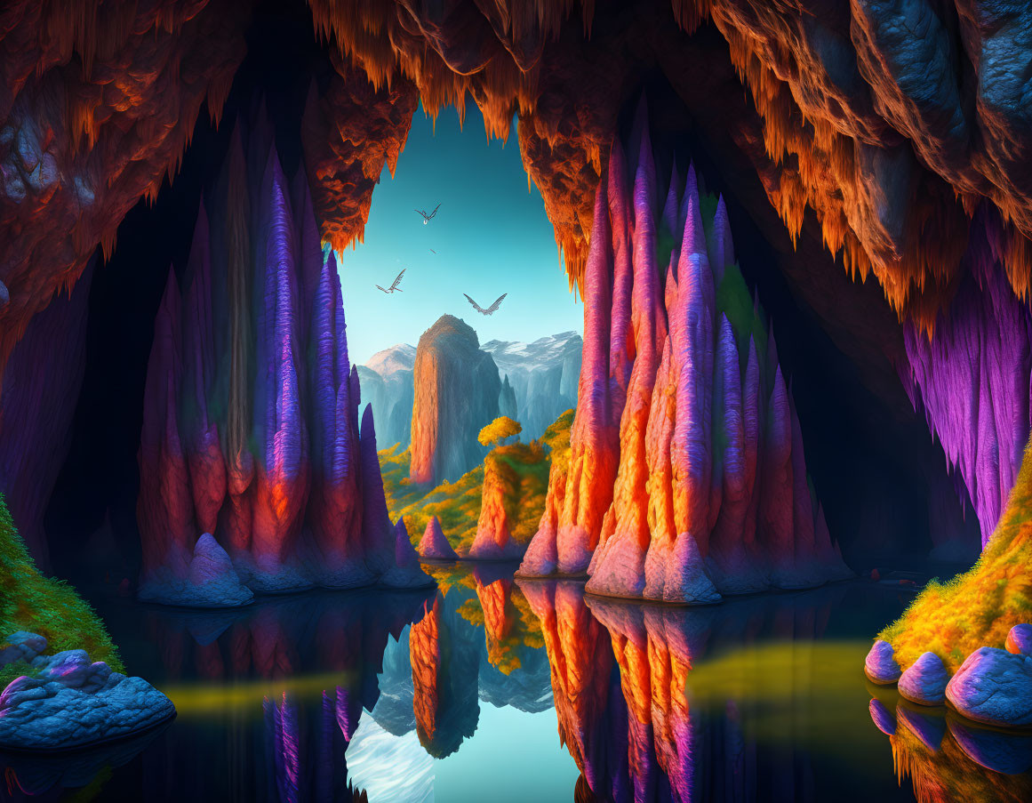 Colorful stalactites and birds in vibrant cave scenery
