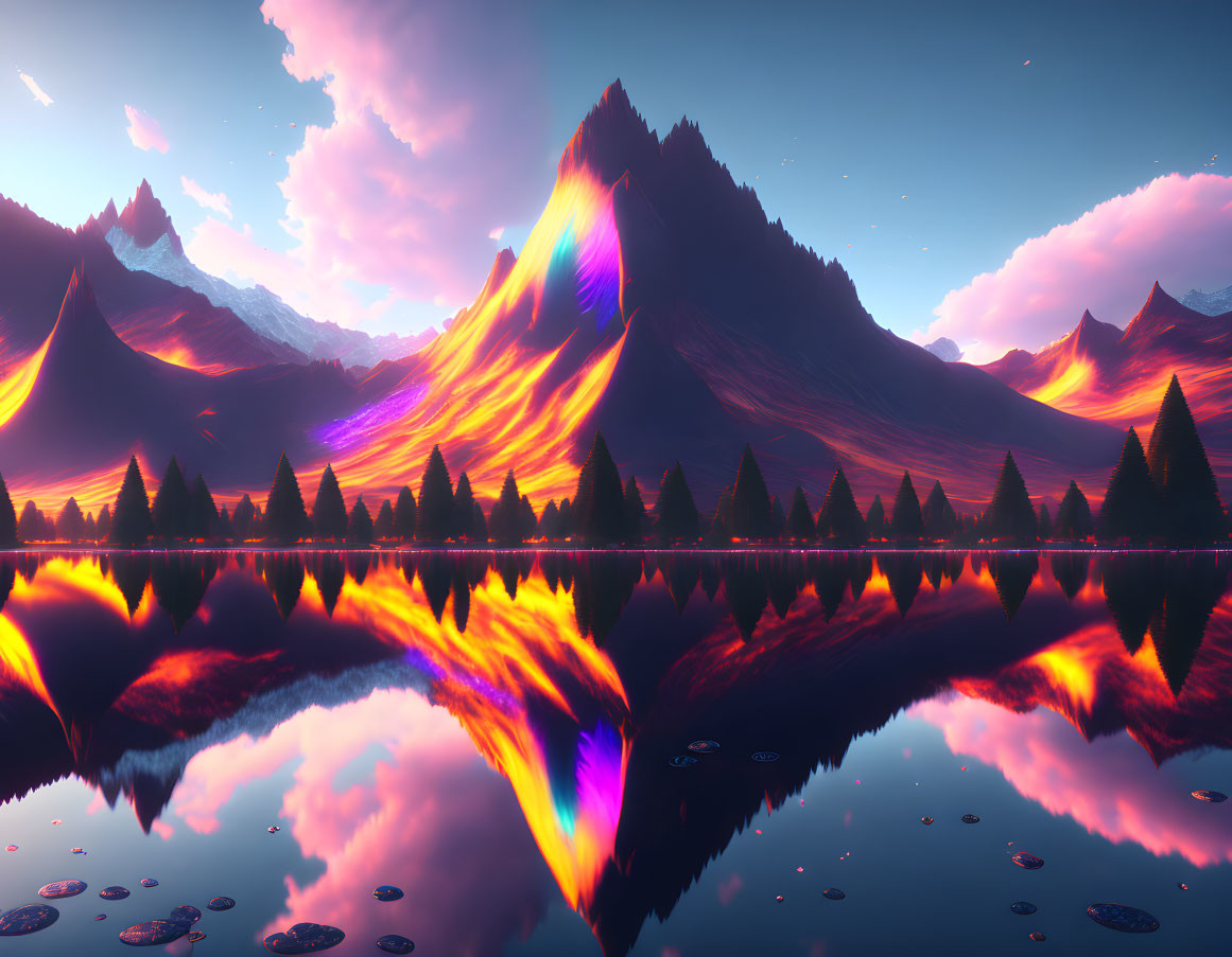 Colorful digital landscape: purple and orange hues, still lake, pine trees, surreal mountain peaks