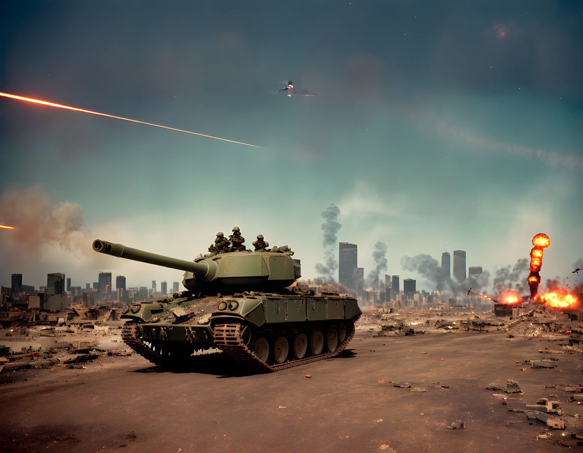 Tank, explosions, jet, and missiles in war-torn cityscape.