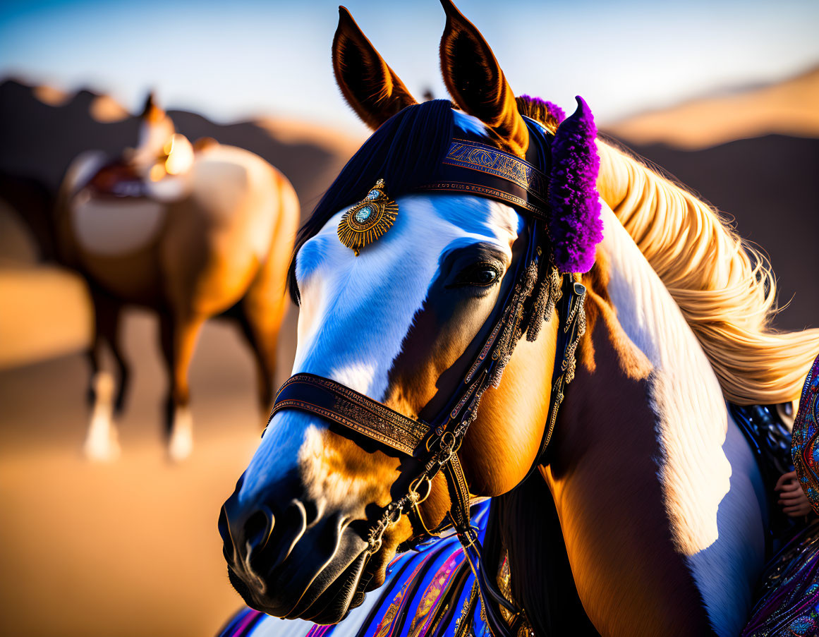 Richly adorned horse with purple feather and intricate bridle