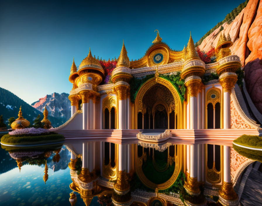 Majestic palace with golden spires reflected in mountain lake