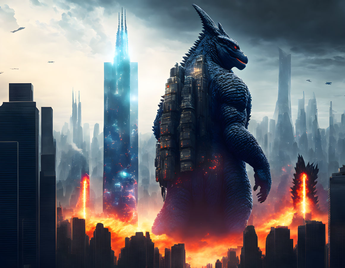 Enormous blue monster in fiery futuristic cityscape