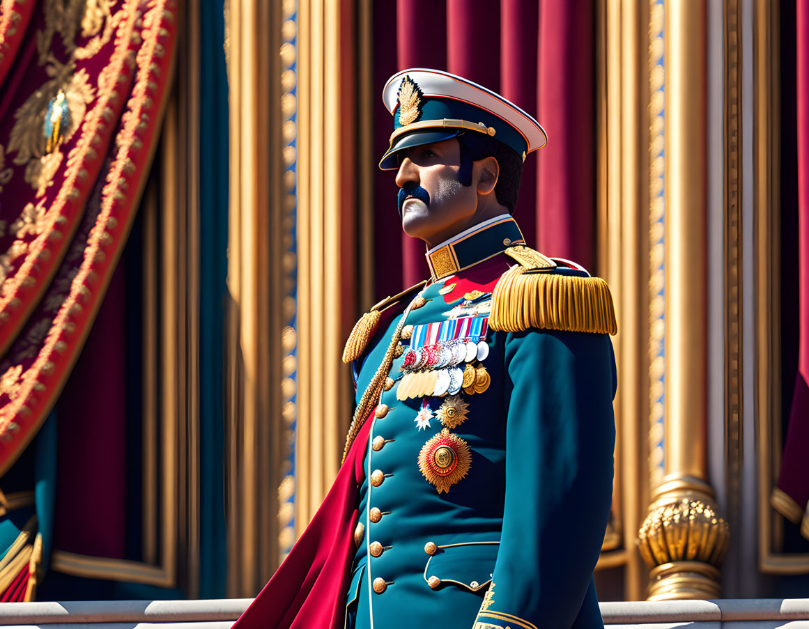 Military Figure in Uniform with Mustache and Medals on Red Curtains