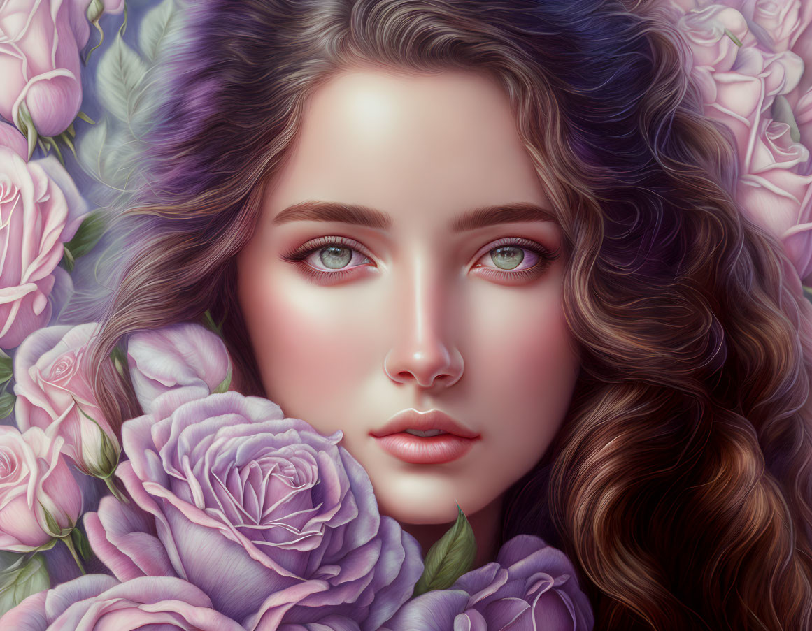 Digital artwork: Woman with wavy hair, green eyes, purple roses