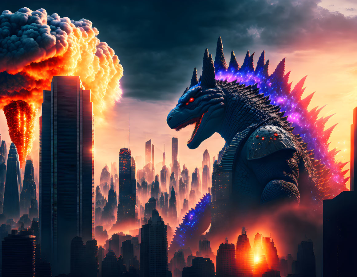Spiked monster roaring in fiery cityscape at dusk