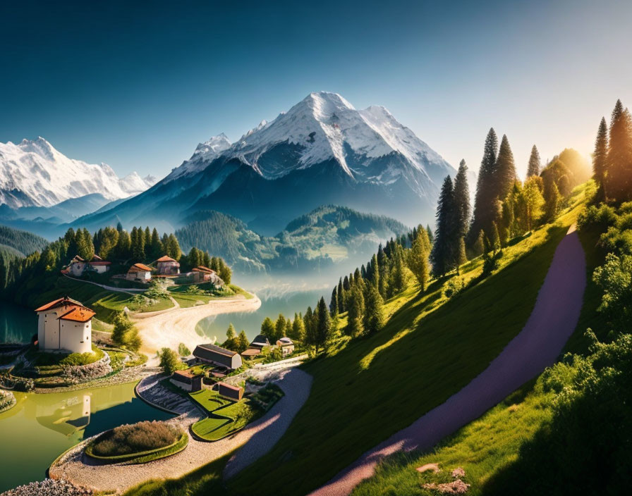 Tranquil landscape with winding road, lake houses, snow-capped mountain
