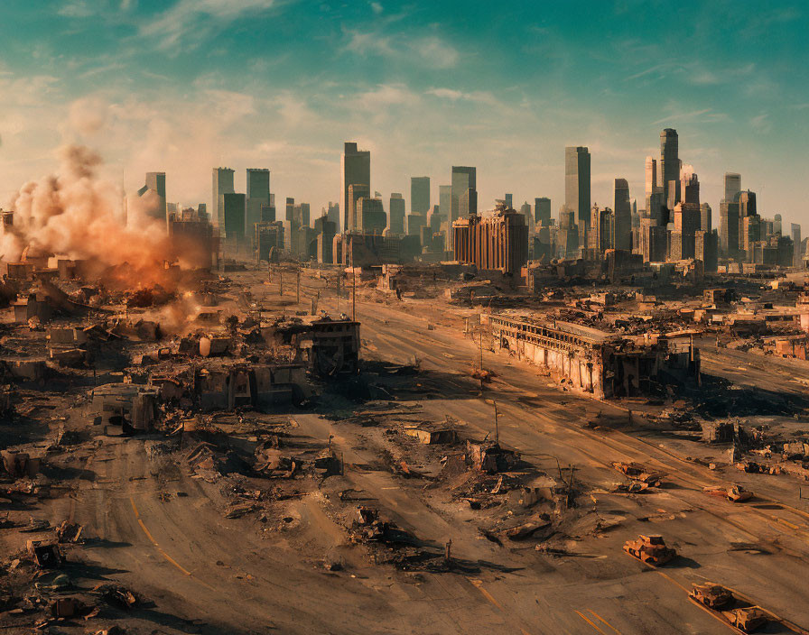 Desolate post-apocalyptic cityscape with dilapidated buildings.
