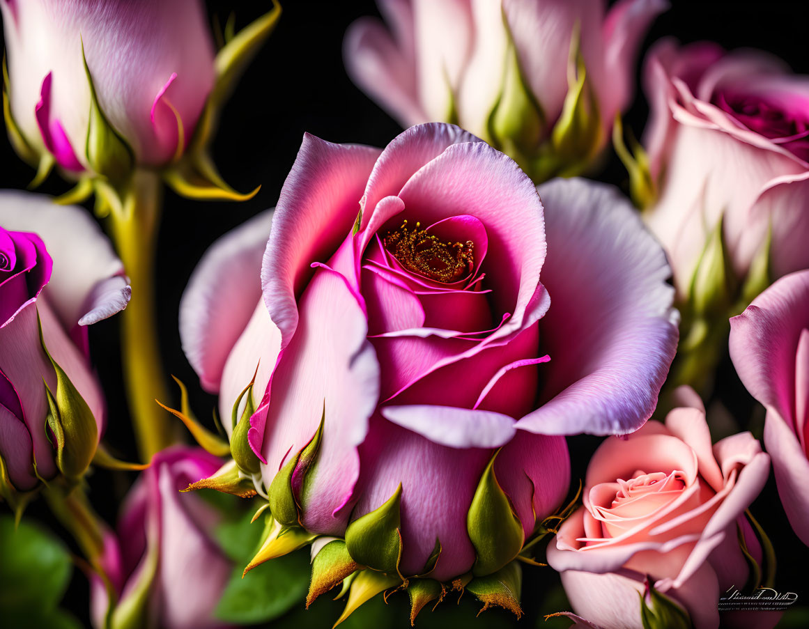 Pink and Purple Rose Bouquet on Dark Background