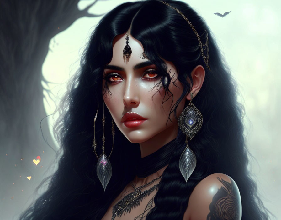 Dark-haired woman with jewelry and mystical vibe