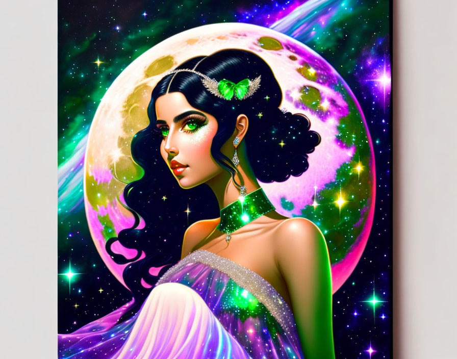 Illustration of woman with black hair, celestial jewelry, in cosmic setting.