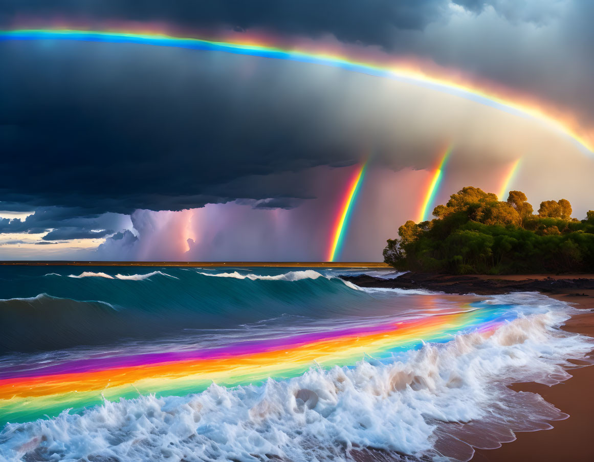 Double Rainbow Over Stormy Sea and Sunlit Shoreline