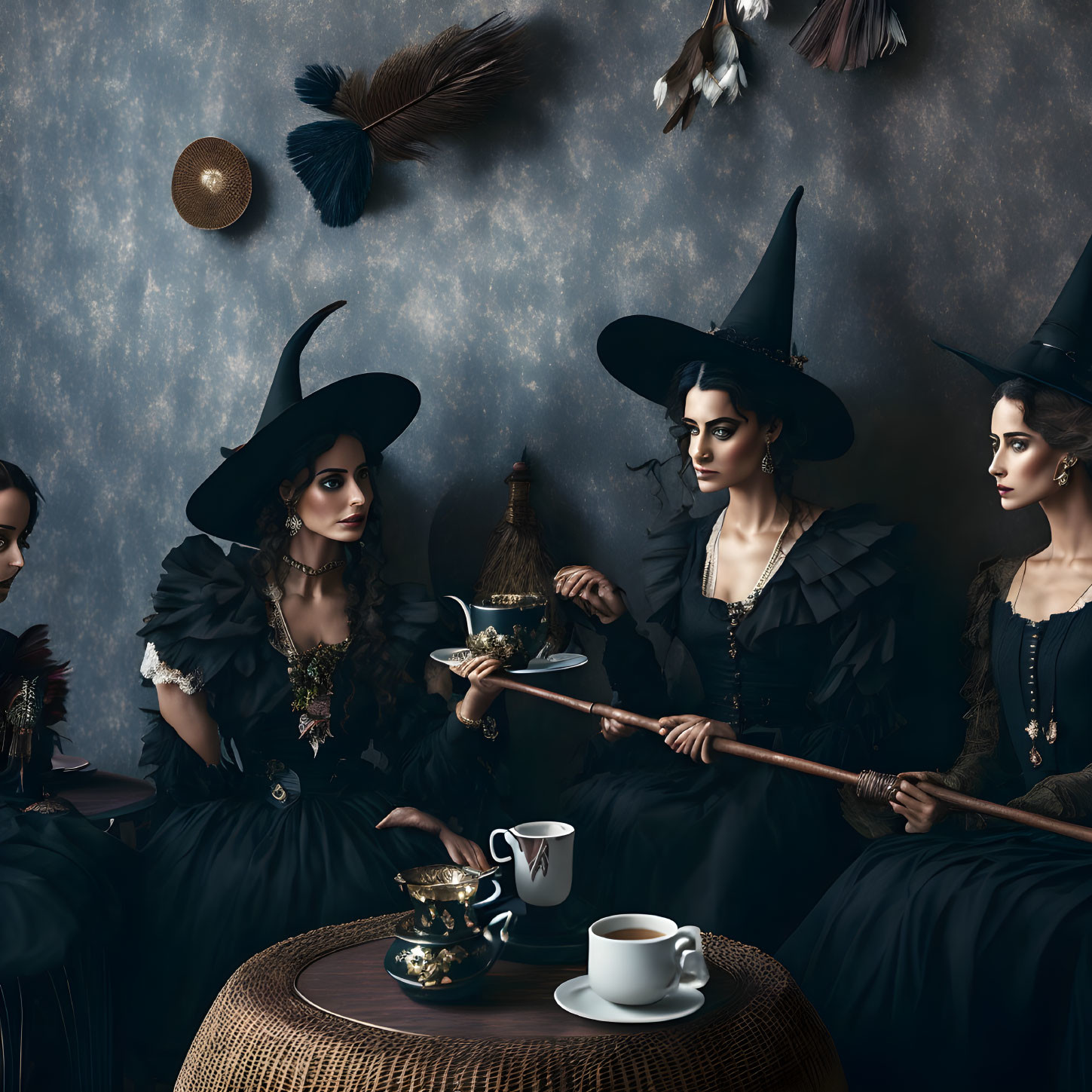 Three women in witch costumes at table with teacups and wand, feathers and hat floating