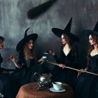 Three women in witch costumes at table with teacups and wand, feathers and hat floating