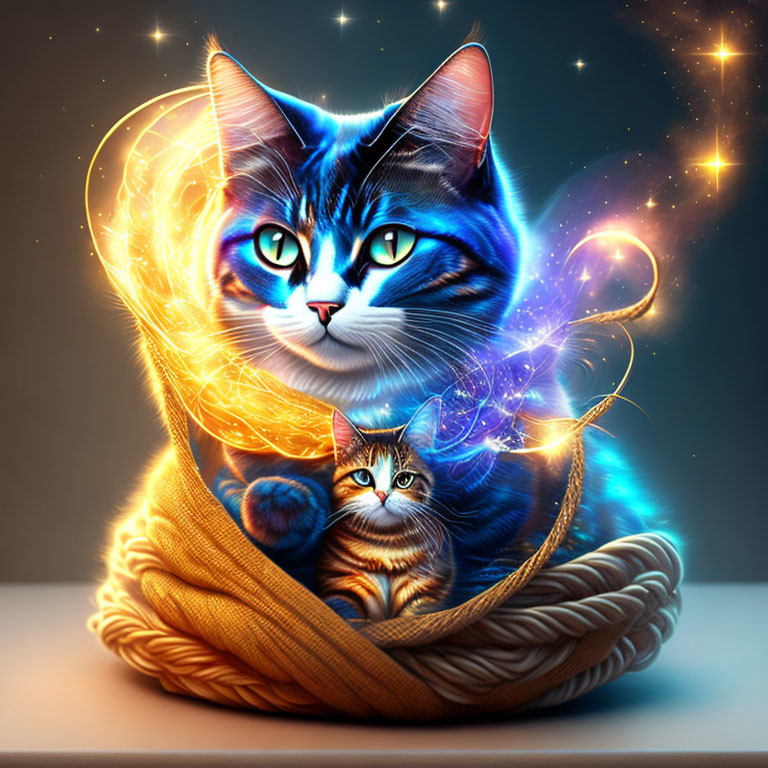 Neon-lit fantastical cats in woven basket with glowing swirls and stars