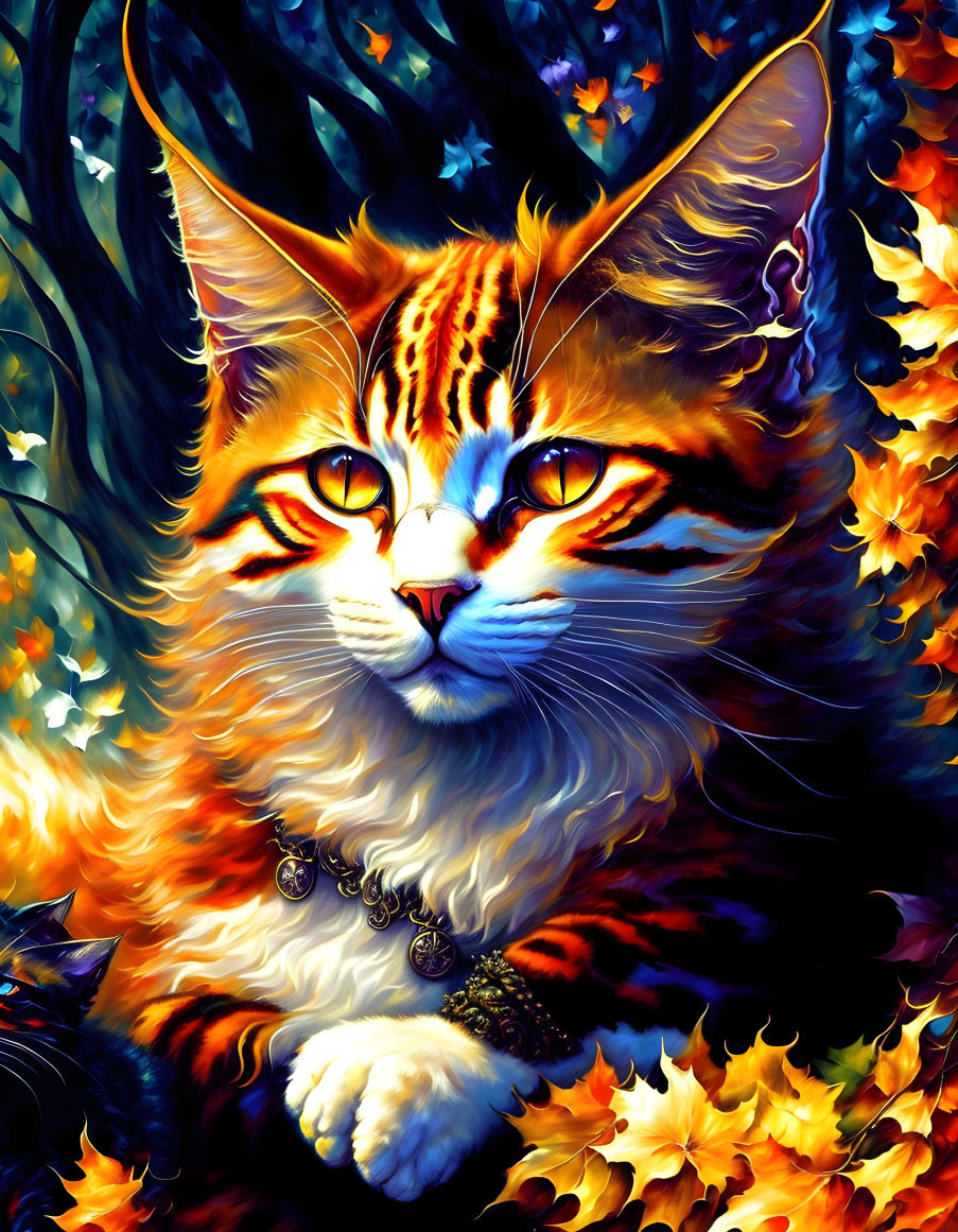 Majestic cat digital artwork with fiery orange-yellow hues