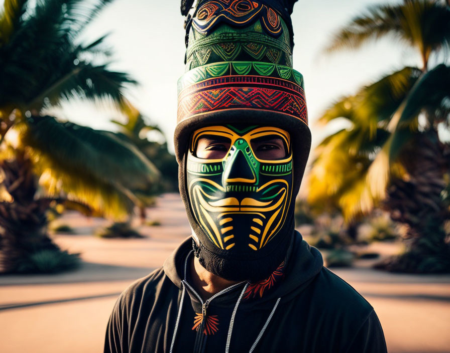 Colorful tribal mask worn outdoors with palm trees in background