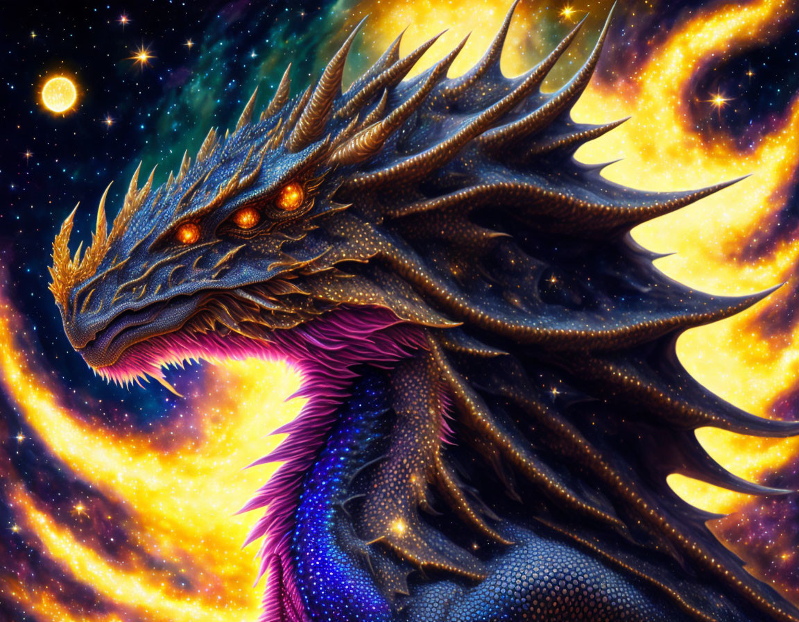 Majestic dragon with glowing eyes in cosmic setting