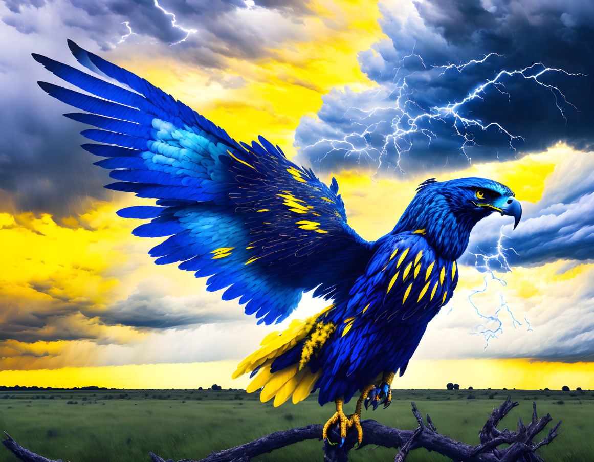 Colorful eagle perched on branch under stormy sky with lightning bolts