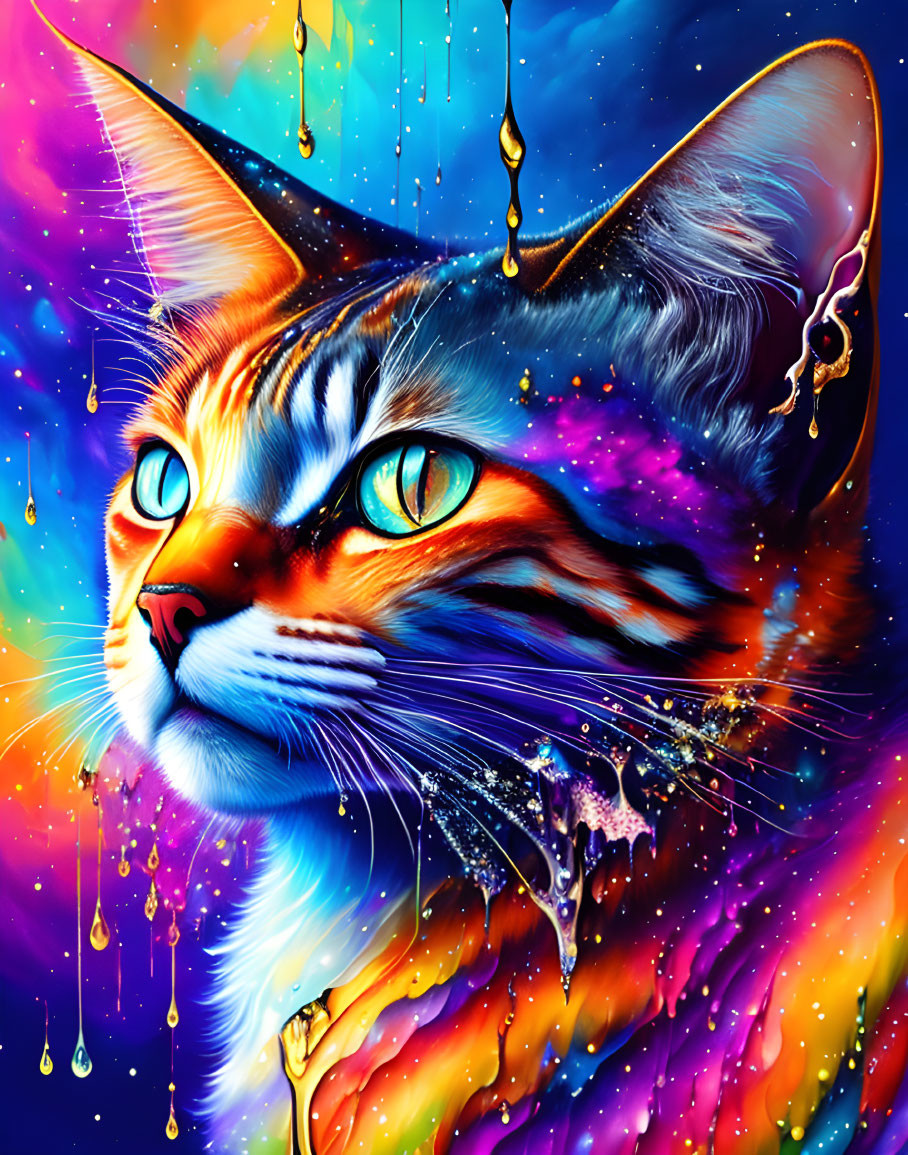 Colorful Galaxy-themed Cat Illustration in Blue, Purple, and Orange