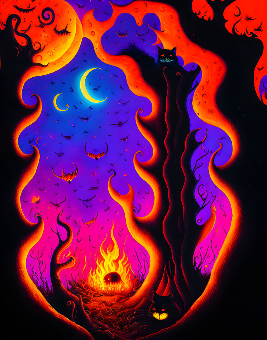 Colorful illustration of ghostly figure, bats, full moon, cat, and eerie trees in spooky