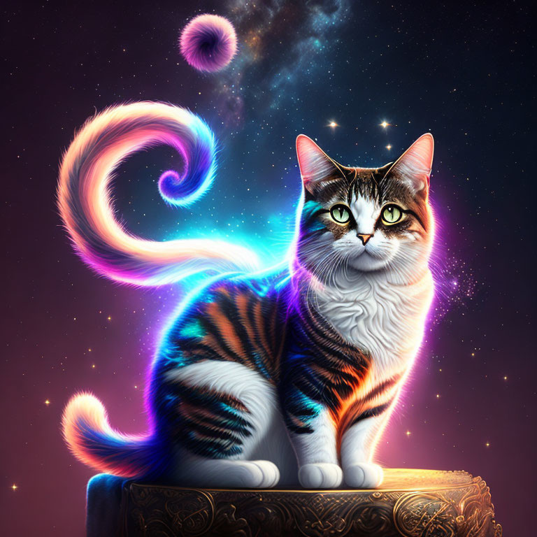 Mystical cat with vibrant glowing stripes on ornate pedestal