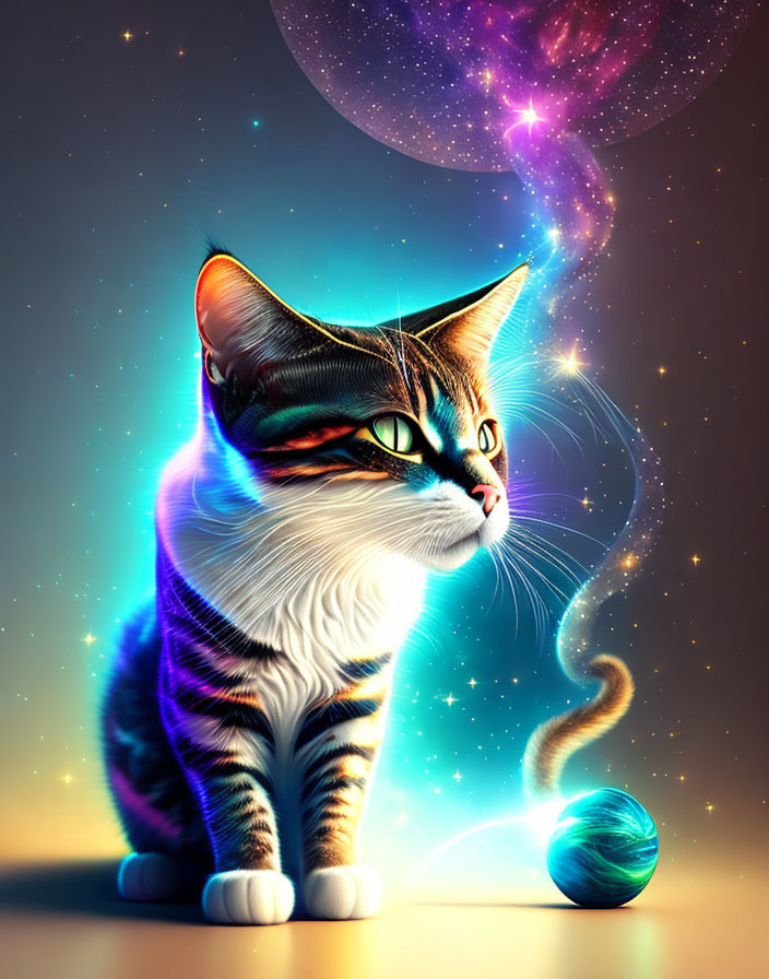 Cosmic cat digital art with glowing nebula background