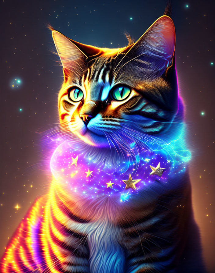 Galaxy-themed cat illustration with nebula collar on starry night background