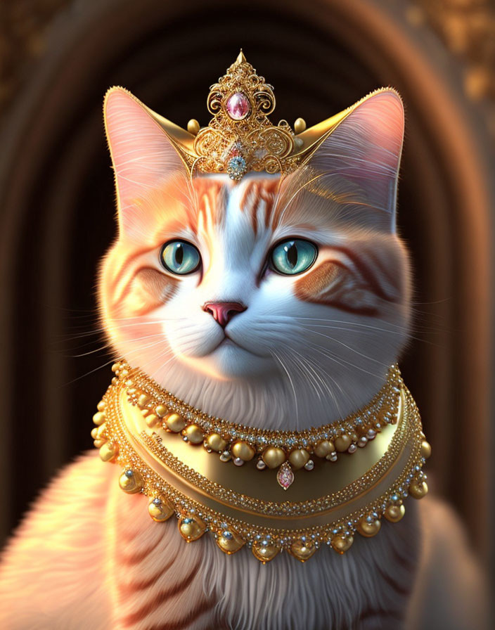 Regal Orange and White Cat with Jeweled Crown and Gold Necklaces