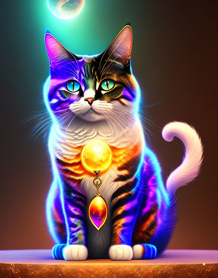 Colorful digital artwork: Cat with glowing pendant and celestial orbs