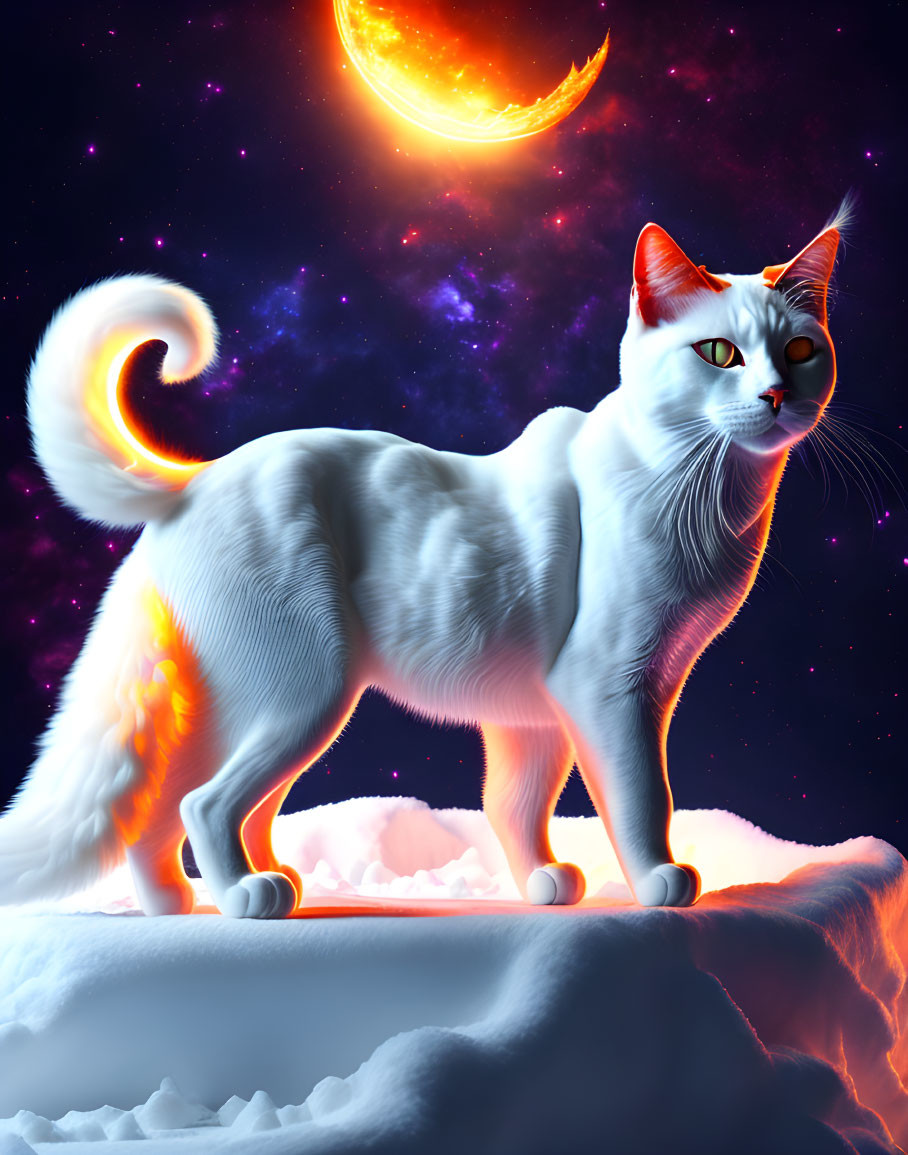 White Cat with Glowing Orange Eyes on Icy Cosmic Scene