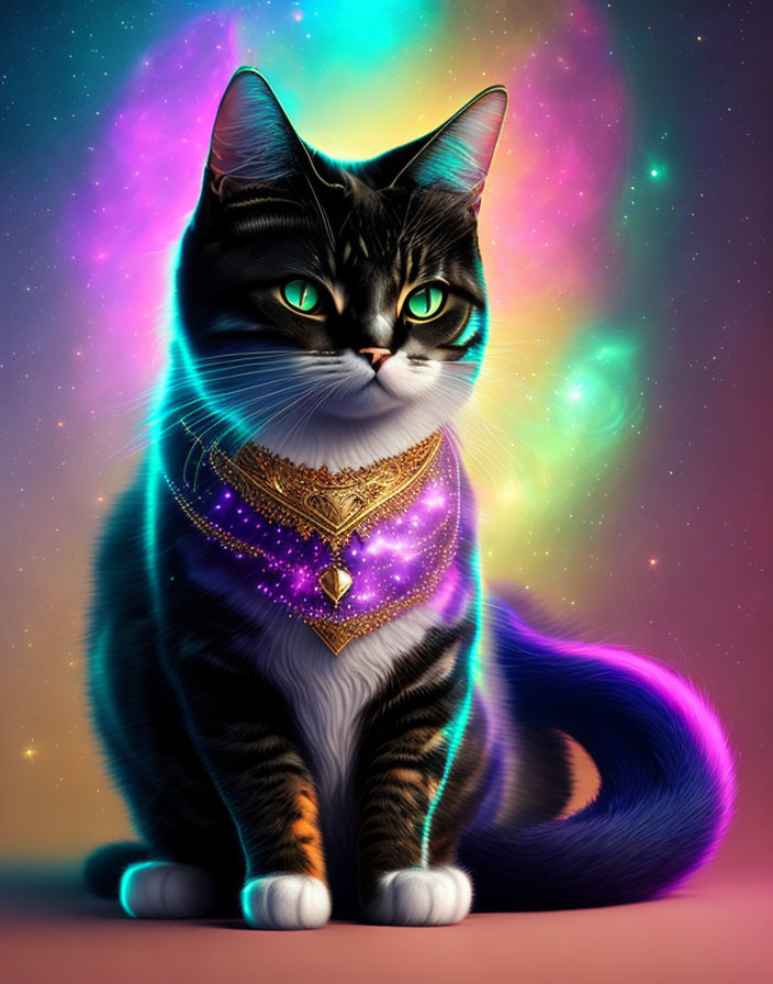 Majestic black and white cat with green eyes in cosmic setting