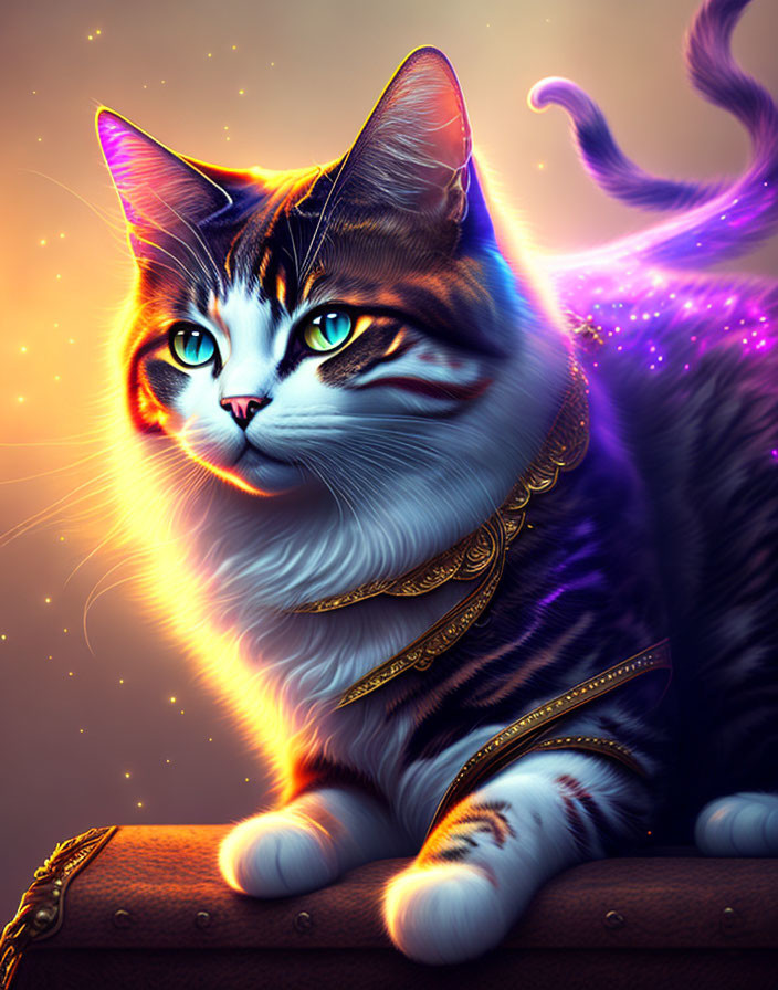 Majestic digital cat illustration with green eyes and gold jewelry in magical purple aura