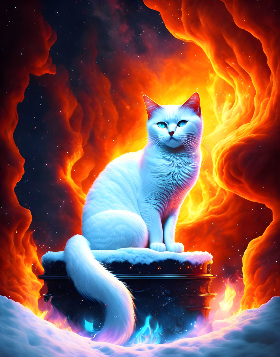 White cat with blue eyes in snowy platform with swirling flames on dark fiery backdrop