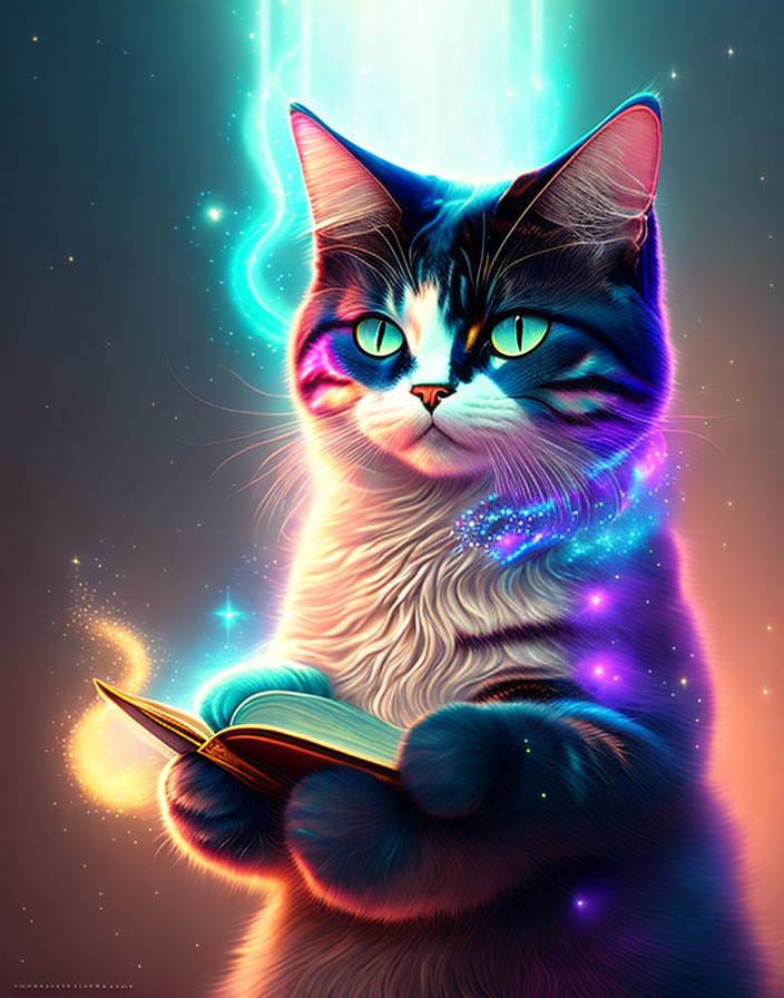 Mystical cat with blue and purple hues holding open book in cosmic setting