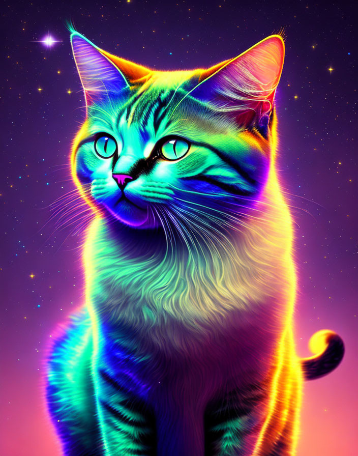 Colorful digital artwork: Cat in neon blue and yellow on purple cosmic background