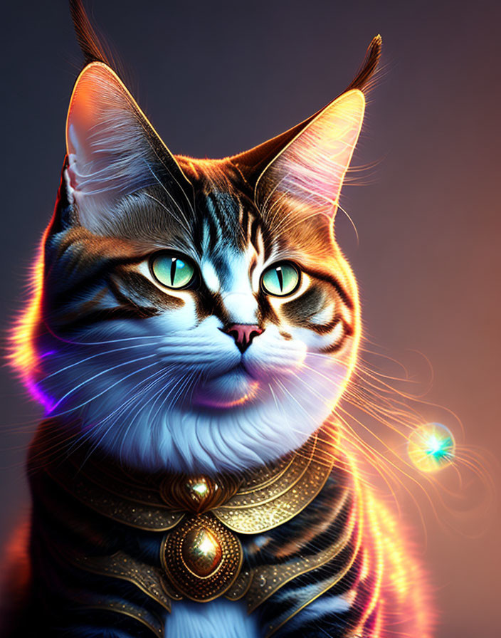 Majestic cat digital artwork with green eyes and jewelry under colorful lighting