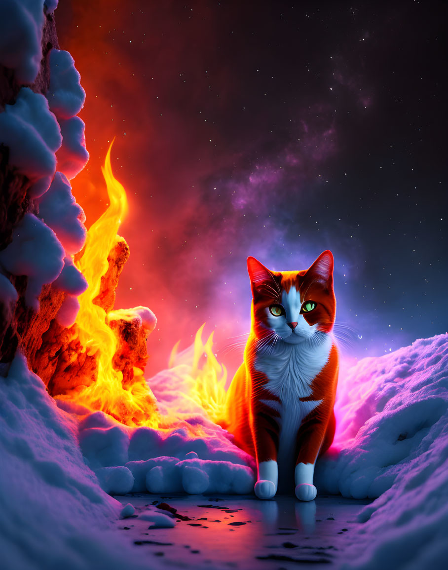 Orange and White Cat on Snowy Ground with Fiery Night Sky