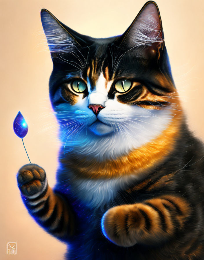 Tabby Cat Digital Painting with Yellow Eyes and Blue Feather Stick